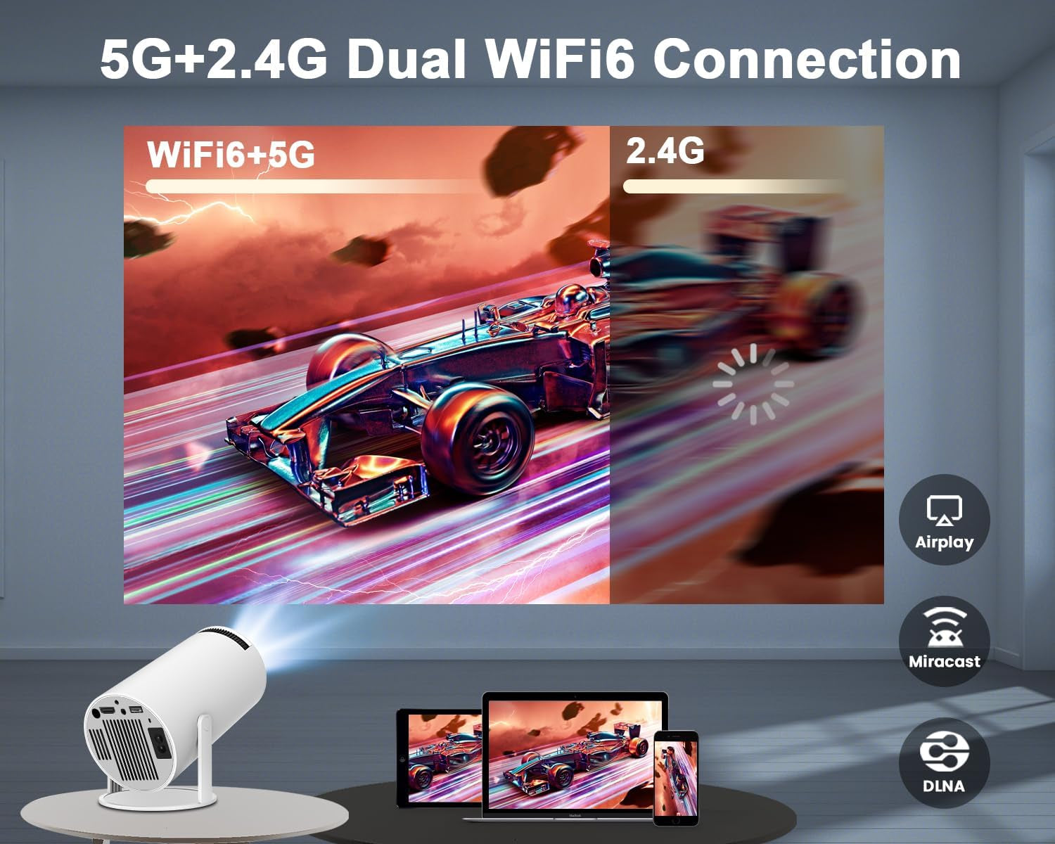 Mini Videoprojecteur 4K Supportée, Mini Projecteur 5G Wifi 6 BT 5.4 720P Full HD Native, Videoprojecteur Portable Correction Trapézoïdale Horizontale Automatique Rotatif À 180°